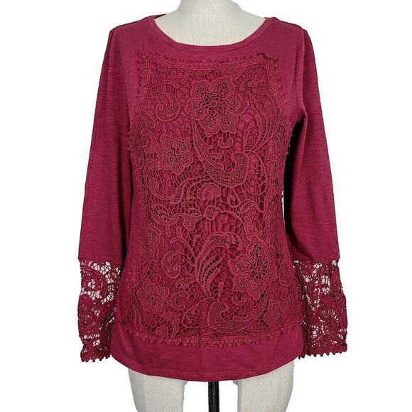 Sundance Top S Burgundy Red Knit Embroidered‎ Lace Long Sleeve Boho Pullover - Picture 1 of 9